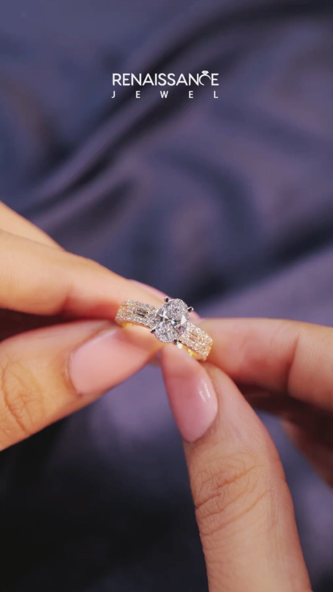 Yellow gold Oval Solitaire Diamond with Pave and Channel Set Band 6