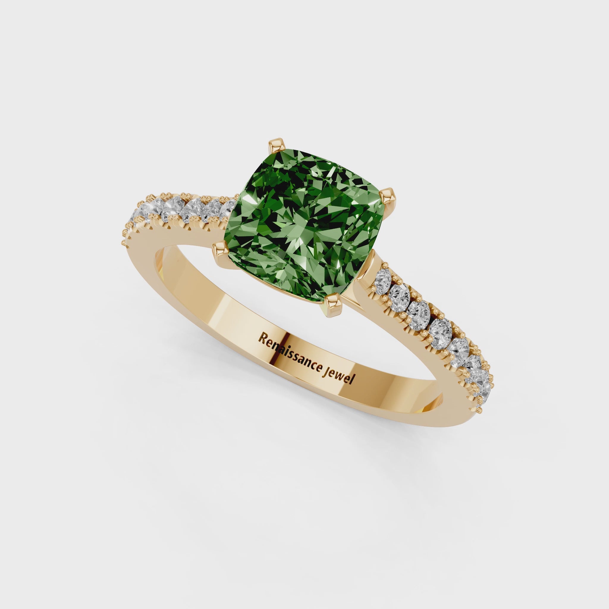 Yellow gold Fancy Green Cushion  Cut Solitaire Diamond Engagement Ring with Pave Band and Four-Prong Setting_36
