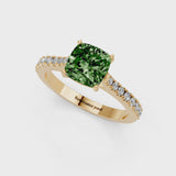 Yellow gold Fancy Green Cushion  Cut Solitaire Diamond Engagement Ring with Pave Band and Four-Prong Setting