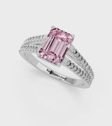 Silver Fancy Pink Emerald Cut Diamond Solitaire Engagement Ring with Split Shank Pavé Band