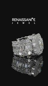 White gold Oval Diamond Halo Mens Ring with Baguette Side Stones