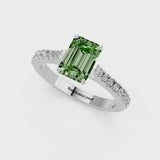 White gold Fancy Green Emerald  Cut Solitaire Diamond Engagement Ring with Pave Band and Four-Prong Setting