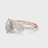 Rose gold Marquise Diamond Halo Ring with Marquise and Pavé Band in Prong Setting