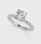White gold Cushion Cut Diamond Solitaire Ring with Beaded Band and Prong Setting