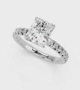 Silver Radiant Solitaire Pave Diamond Engagement Ring with Four-Prong Setting