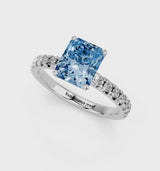 Silver Fancy Blue Radiant  Solitaire Pave Diamond Engagement Ring with Four-Prong Setting