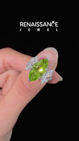 Silver Three-Stone Marquise Cut Peridot Ring with Round  Pavé Band and Prong Setting