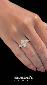 Yellow gold Oval Cut Diamond Three-Stone Ring with Round Side Stones and Pavé Band