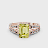 Rose gold Fancy Yellow Emerald Cut Diamond Solitaire Engagement Ring with Split Shank Pavé Band