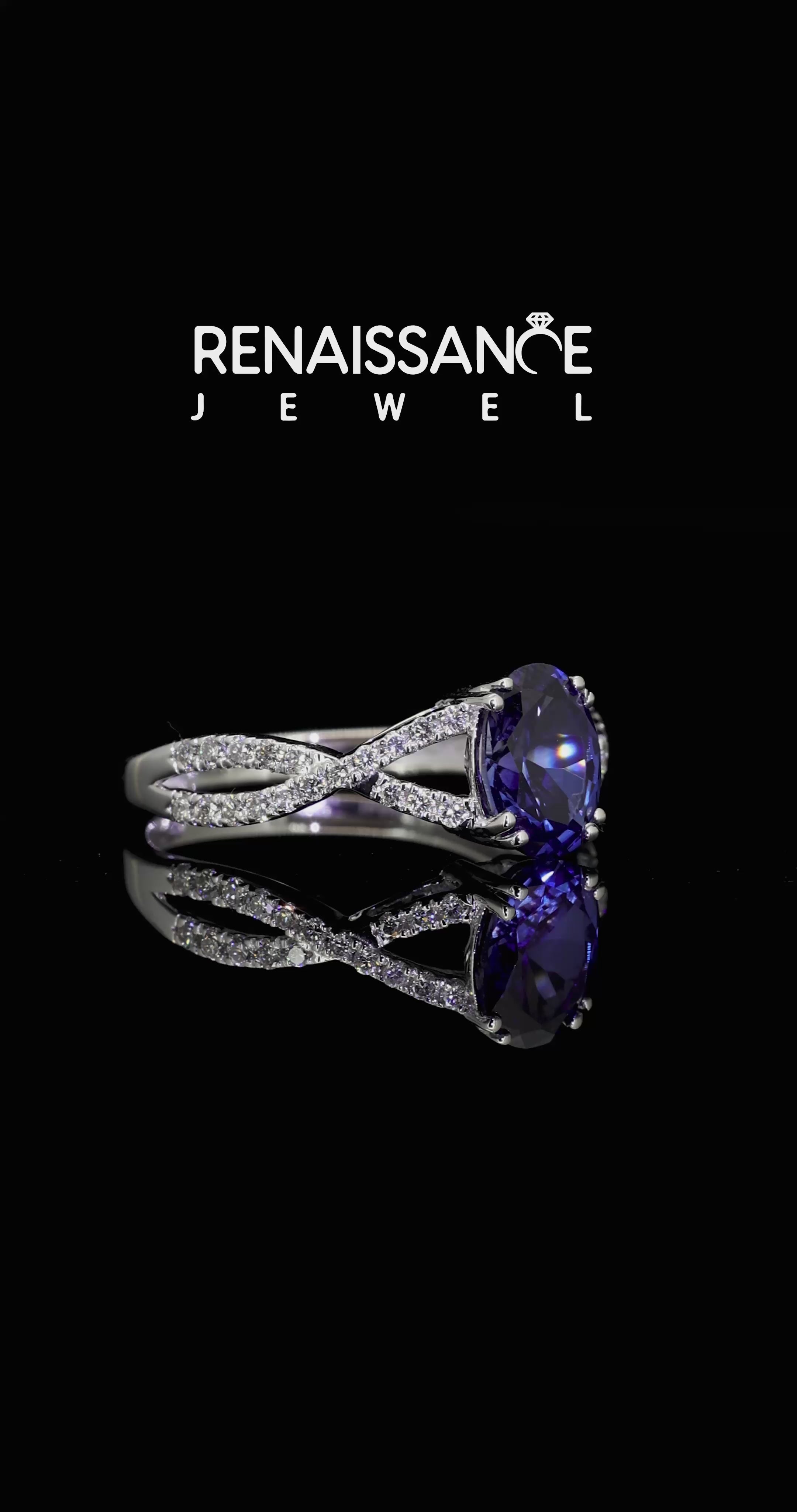 White gold Oval Cut Blue Sapphire Solitaire Ring with Four-Prong Setting and Twisted Pavé Band_13