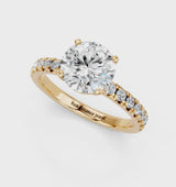 Yellow gold Round Solitaire Pave Diamond Engagement Ring with Four-Prong Setting