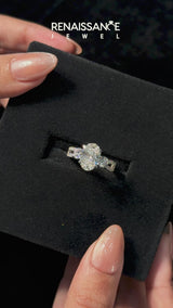 Platinum Oval Cut Diamond Three-Stone Ring with Pavé Split Shank and Four-Prong Setting