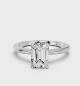 White gold Emerald Cut Diamond Solitaire Ring with Six-Prong Setting and Classic Band