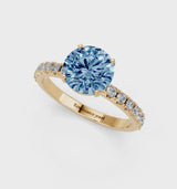Yellow gold Fancy Blue Round Cut Diamond Solitaire Pavé Band with Four-Prong Setting