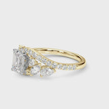 Yellow gold Emerald Diamond Halo Ring with Marquise and Pavé Band in Prong Setting