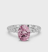 Platinum Fancy Pink Oval Cut Diamond Solitaire Ring with Beaded Band and Prong Setting