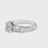 Silver Cushion Cut Diamond Engagement Ring with Baguette Side Stones and Channel Set Band