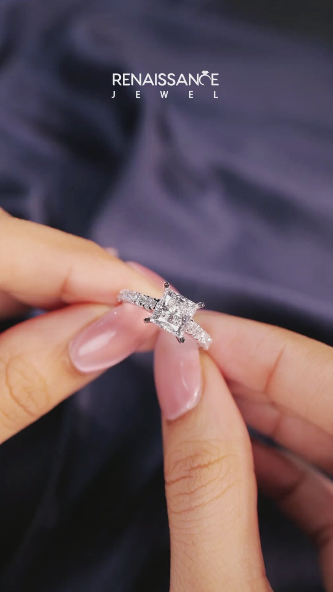 Platinum Princess Cut Diamond Solitaire with Pave Band and Four-Prong Setting 5