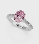 Silver Fancy Pink Oval  Cut Solitaire Diamond Engagement Ring with Pave Band and Four-Prong Setting
