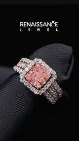 Rose gold Fancy Pink Cushion Cut Halo Diamond Ring with Round  Split Shank and Prong Setting