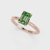 Rose gold Fancy Green Emerald Cut Diamond Solitaire Ring with Six-Prong Setting and Classic Band