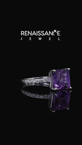 Silver Princess Cut Amethyst Solitaire Ring with Round  Pavé Band and Prong Setting