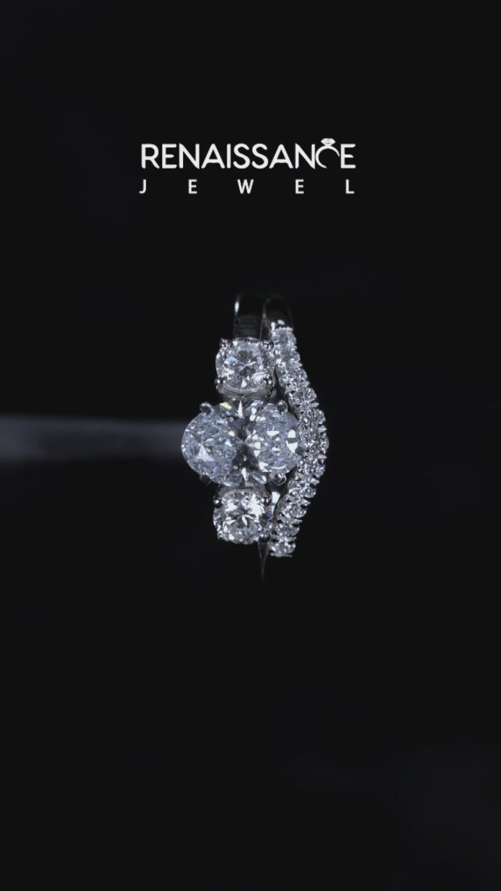 Silver Three-Stone Oval Diamond Ring with Round Side Stones, Classic Band, and Four-Prong Setting 5