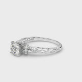 Platinum Round Cut Diamond Solitaire Ring with Filigree Band and Four-Prong Setting