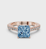 Rose gold Fancy Blue Princess  Cut Solitaire Diamond Engagement Ring with Pave Band and Four-Prong Setting