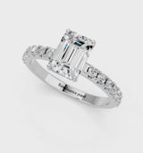 Silver Emerald Cut Diamond Solitaire Pavé Band with Four-Prong Setting