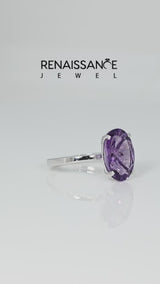 Silver Oval Cut Amethyst Solitaire Engagement Ring with Classic Band and Four-Prong Setting