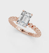 Rose gold Emerald Cut Diamond Solitaire Ring with Beaded Band and Prong Setting