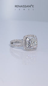 Silver Radiant Cut Diamond Halo Ring with Split Shank Pavé Band and Prong Setting