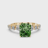 Yellow gold Fancy Green Radiant Cut Solitaire Diamond Ring with Pave Band and Four-Prong Setting