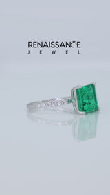 Silver Princess Cut Emerald Solitaire Ring with Round  Pavé Band and Prong Setting