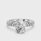 Silver Oval Solitaire Pave Diamond Engagement Ring with Four-Prong Setting