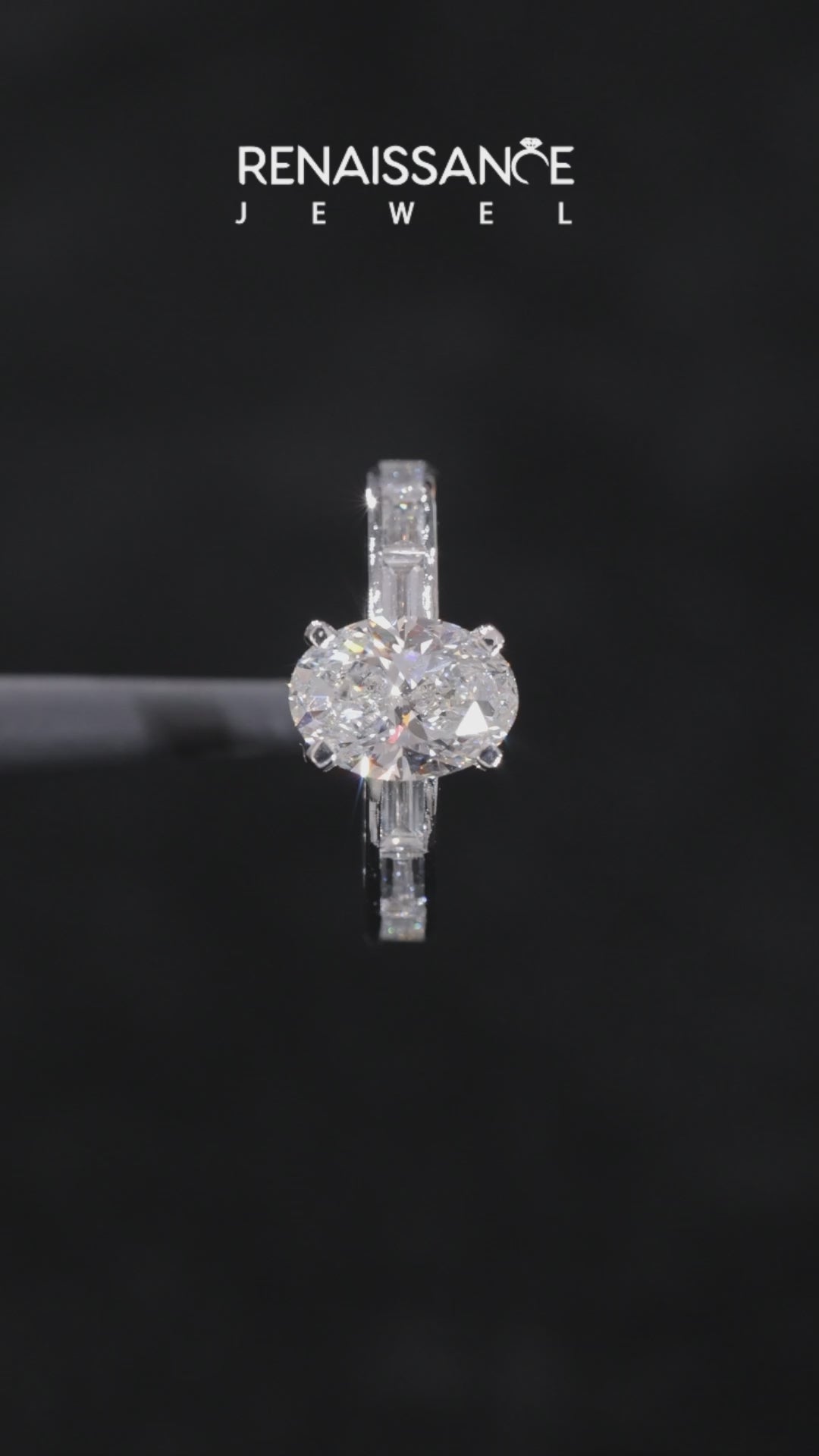 White gold Oval Solitaire Diamond Ring with Channel-Set Baguette Band and Four-Prong Setting_23