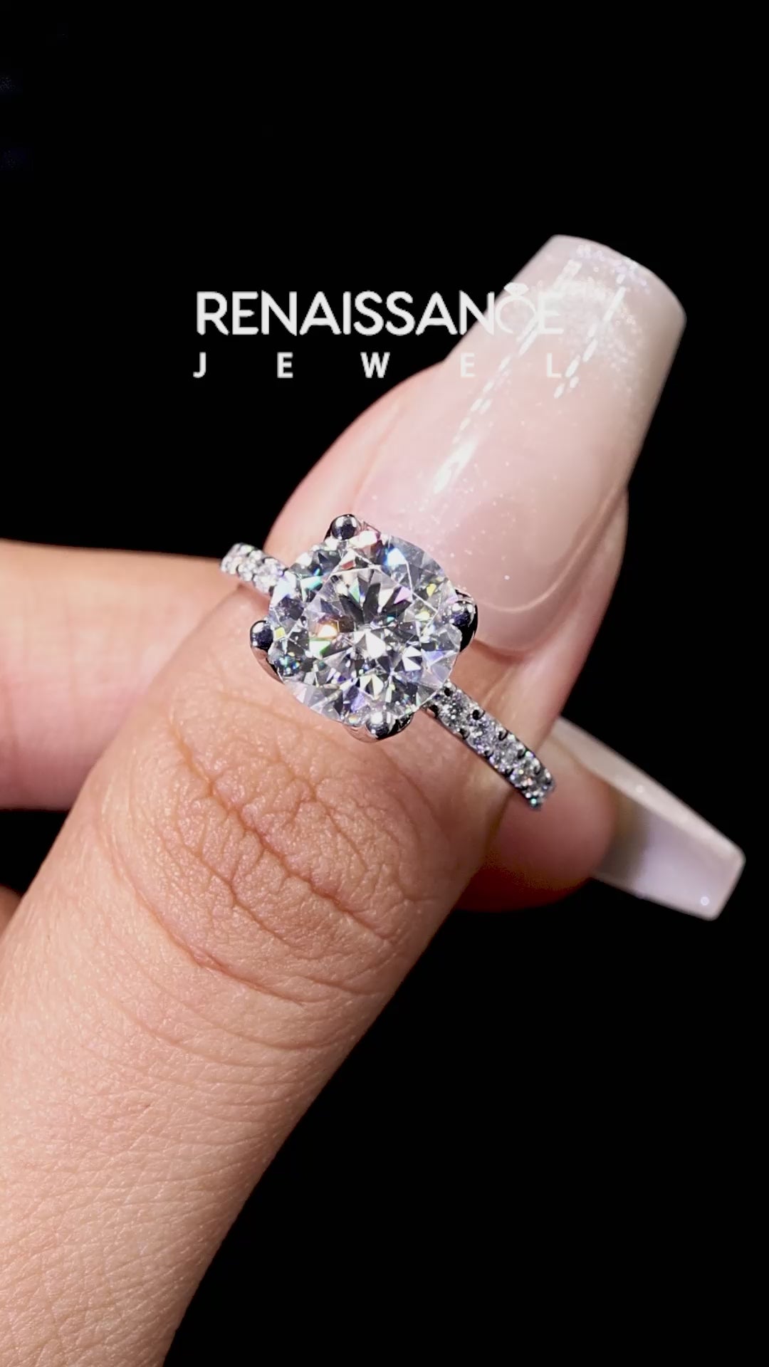 Silver Round Cut Moissanite Solitaire Engagement Ring with Round  Pavé Band and Prong Setting_13
