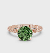 Rose gold Fancy Green Round Cut Diamond Solitaire Ring with Beaded Band and Prong Setting