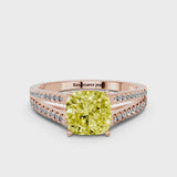 Rose gold Fancy Yellow Cushion Cut Diamond Solitaire Engagement Ring with Split Shank Pavé Band