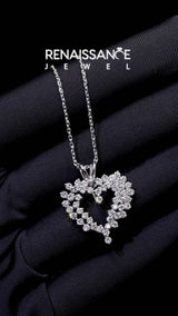 Silver Diamond Cluster Heart Pendant with Round Brilliant Cut Stones and Prong Setting