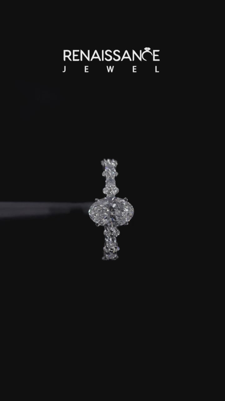 Platinum Oval Solitaire with Side Stones, Pave Band, Four-Prong Setting 5