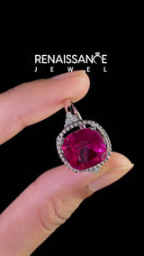 White gold Cushion Cut Ruby Halo Ring with Tapered Band and Four-Prong Setting