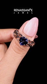 Rose gold Heart Cut Solitaire Tanzanite Leaf-Inspired Vine Band Ring with Prong Setting