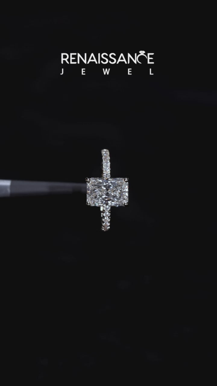 Yellow gold Radiant Cut Diamond Pave Band Solitaire Ring with Four-Prong Setting 3