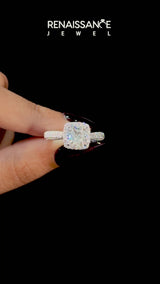 White gold Cushion Halo Pave Band Prong Setting Ring