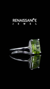 Silver Emerald Cut Peridot Solitaire Engagement Ring with Round Band and Four-Prong Setting