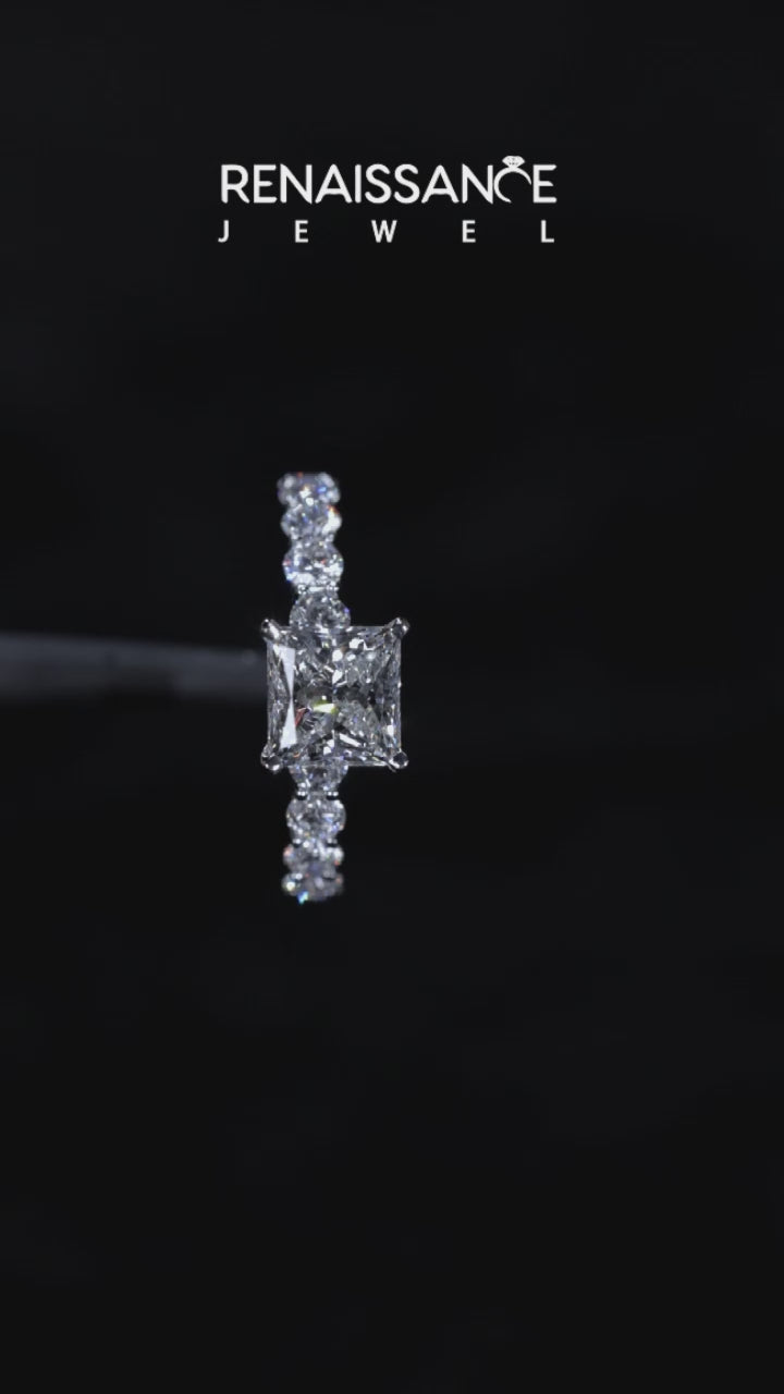 Platinum Princess Diamond Prong Setting with Side Stones on a Pave Band 4