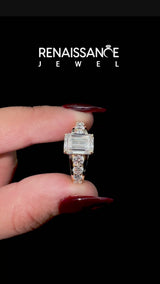 Yellow Gold Emerald Cut Graduated Side Stone Engagement Ring Setting with Shared Prong Band