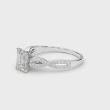 White gold Emerald Cut Diamond Solitaire Engagement Ring with Twisted Pavé Band and Four-Prong Setting